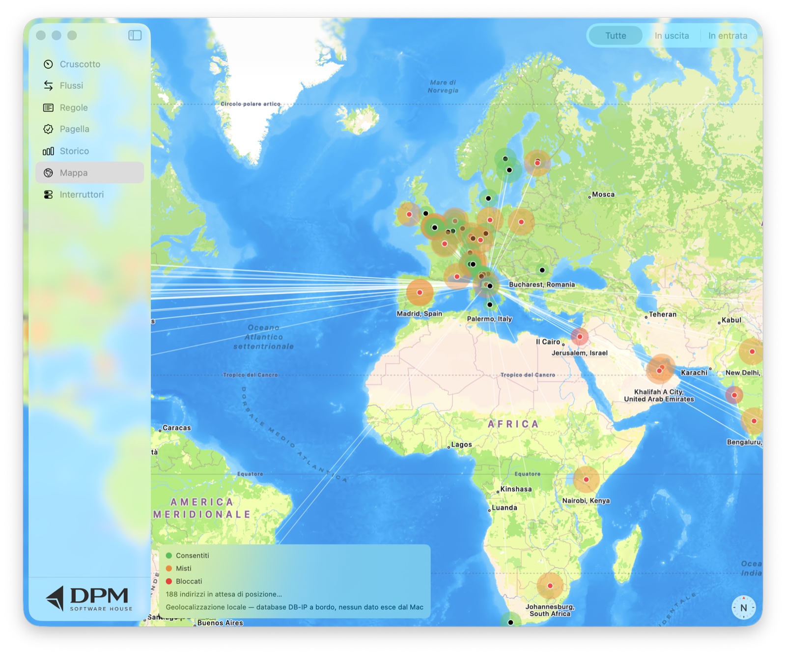 La Mappa di X-Varco: fili bianchi dal Mac verso ogni destinazione nel mondo